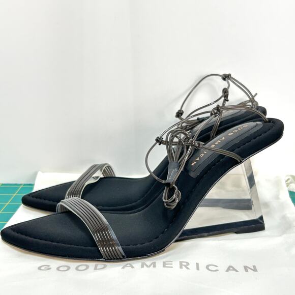 Good American Wedge 3.5" Heels Size 7.5 Black Neopren GA080N-X New Acrylic Block - Picture 1 of 14